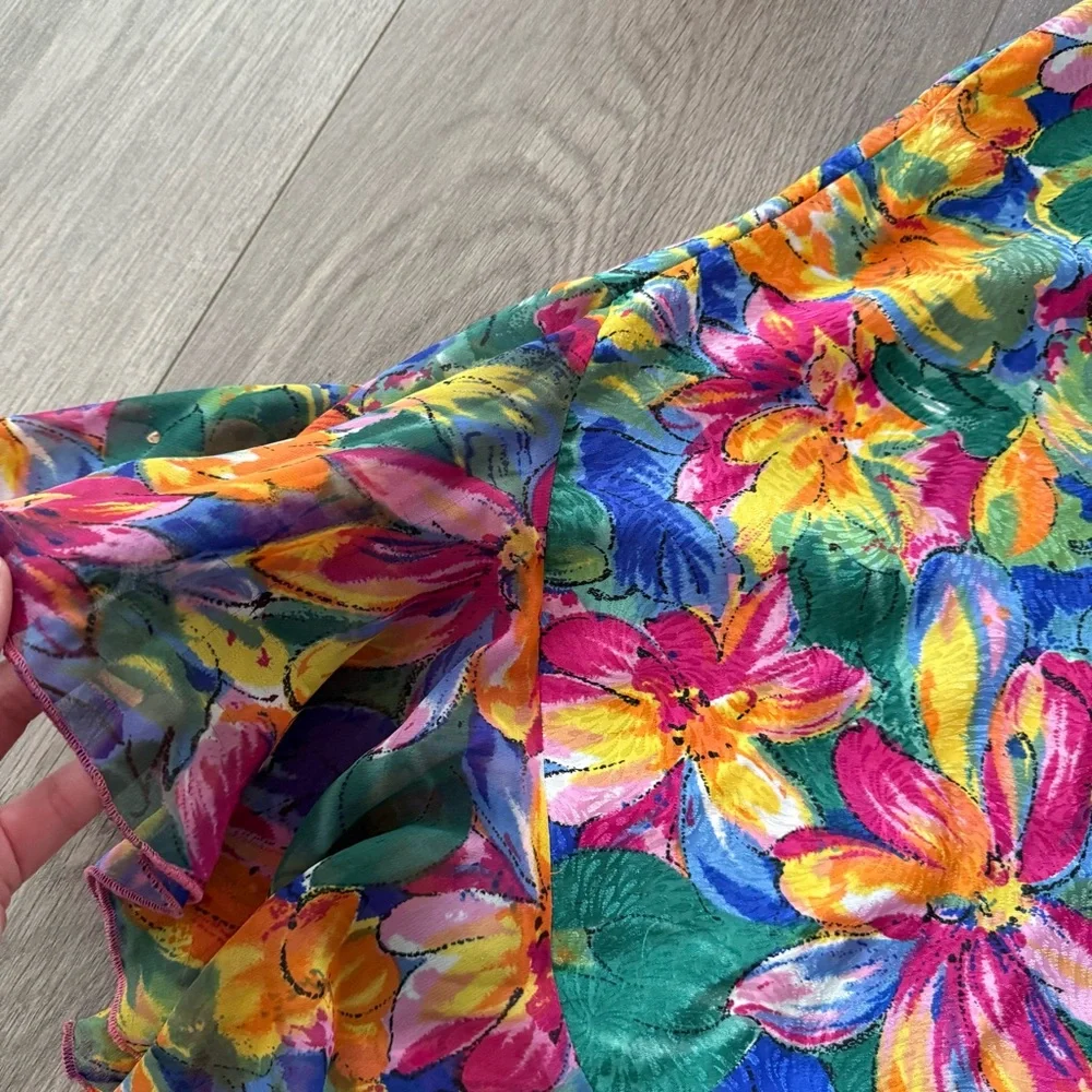 Vintage Tropical Floral Silky Satin Sheer Slip Nightgown Dress‎ - Picture 2 of 5
